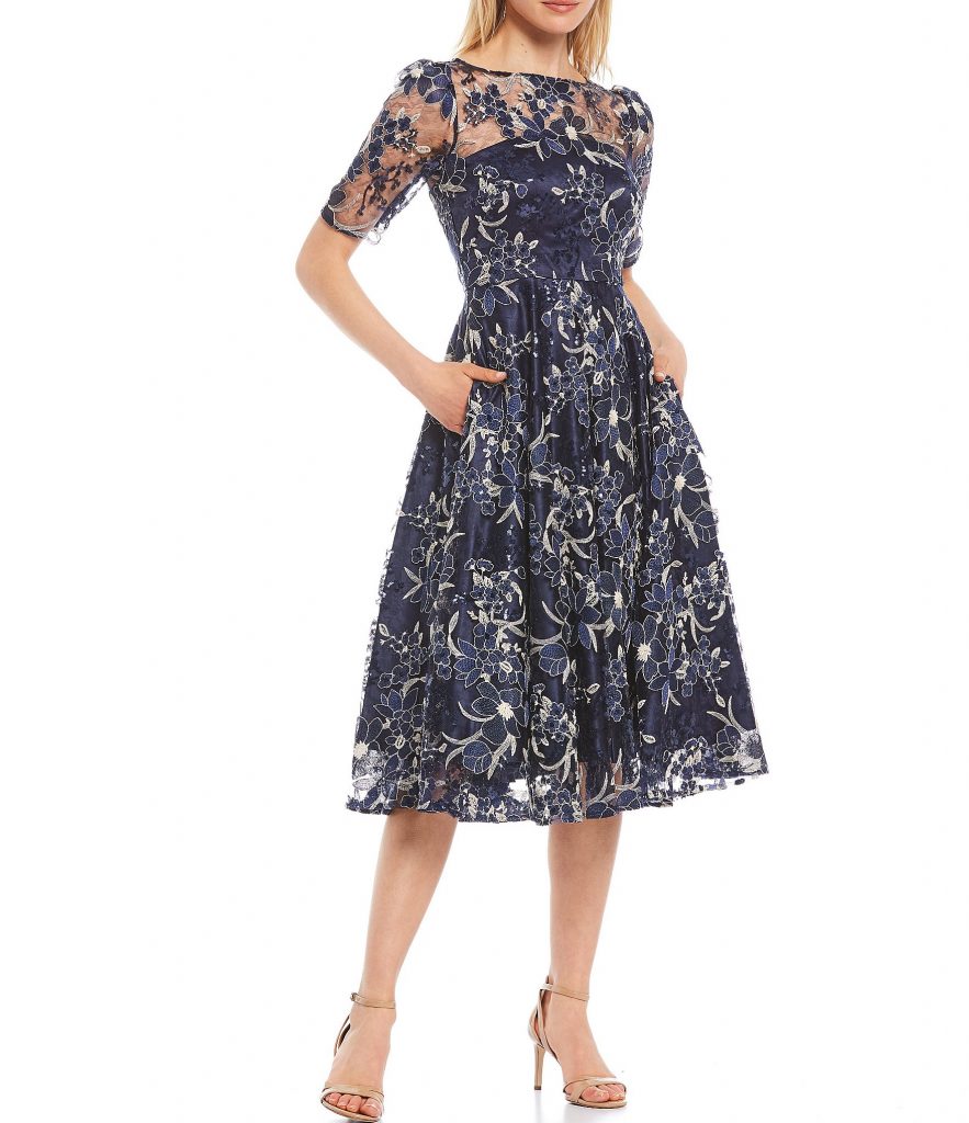 blue floral tee length mother of the bride dress