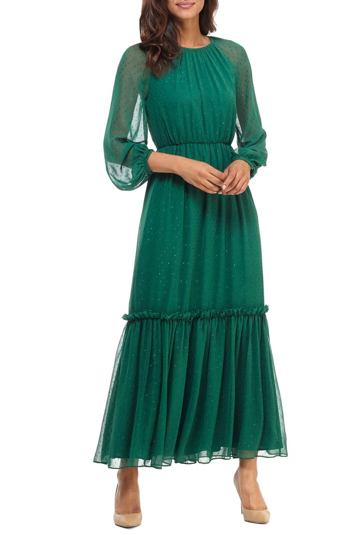 long sleeve green chiffon dress