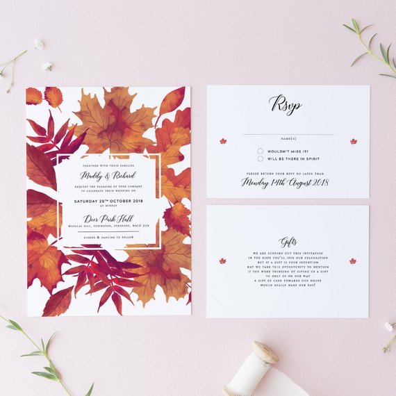 Autumn Foliage Folded Wedding Invitations Rustic Autumnal Concertina Invites