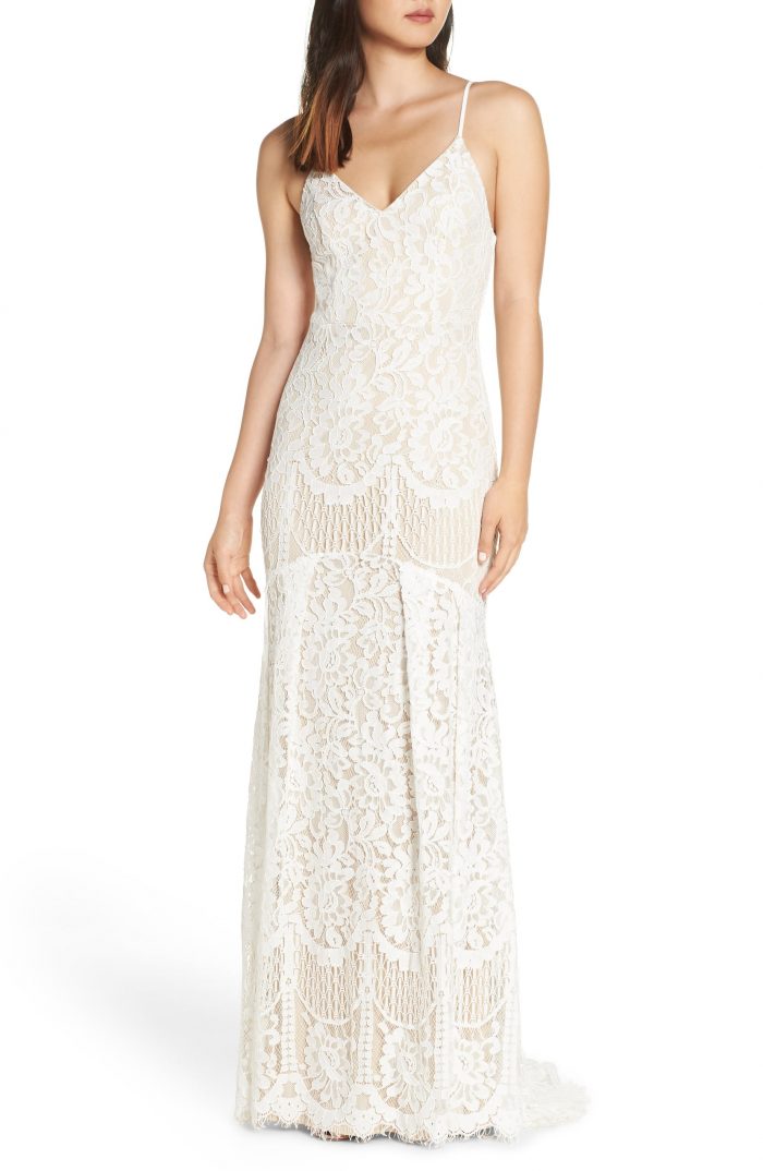 oh baby plunging lace trumpet gown