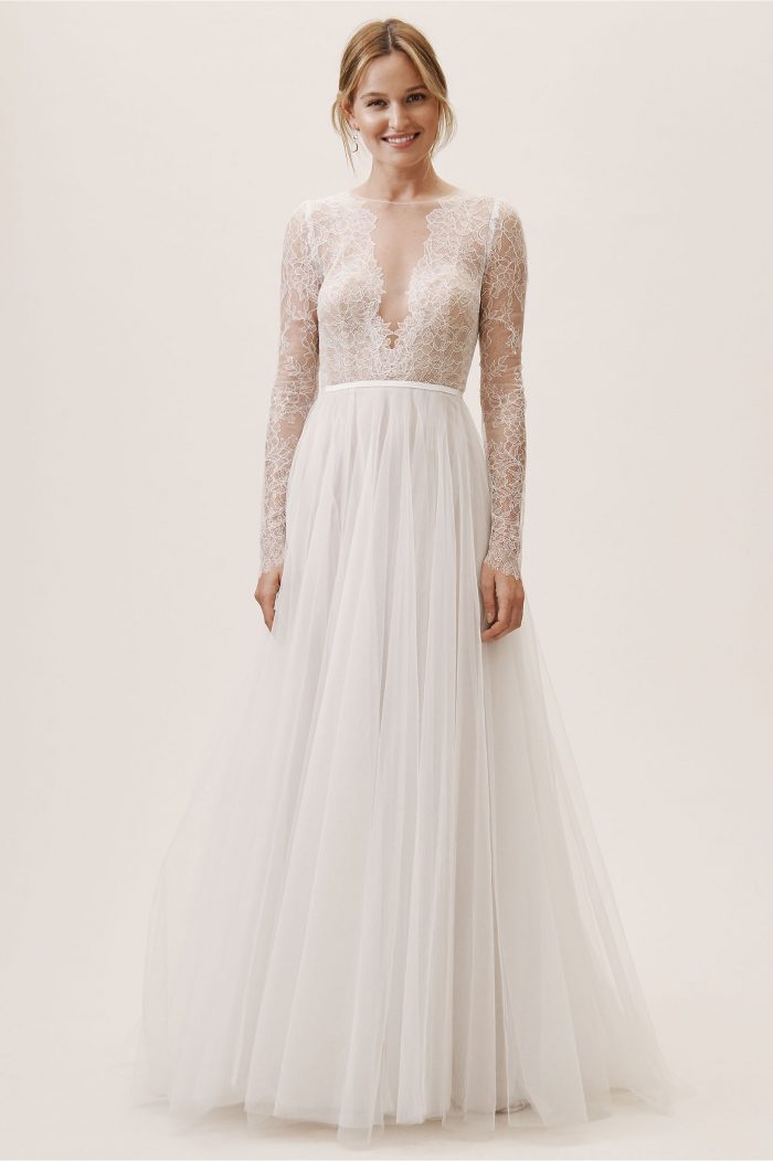 oh baby plunging lace trumpet gown