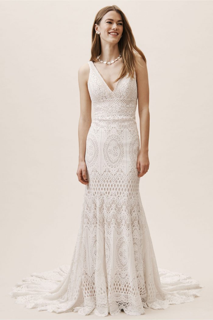 oh baby plunging lace trumpet gown