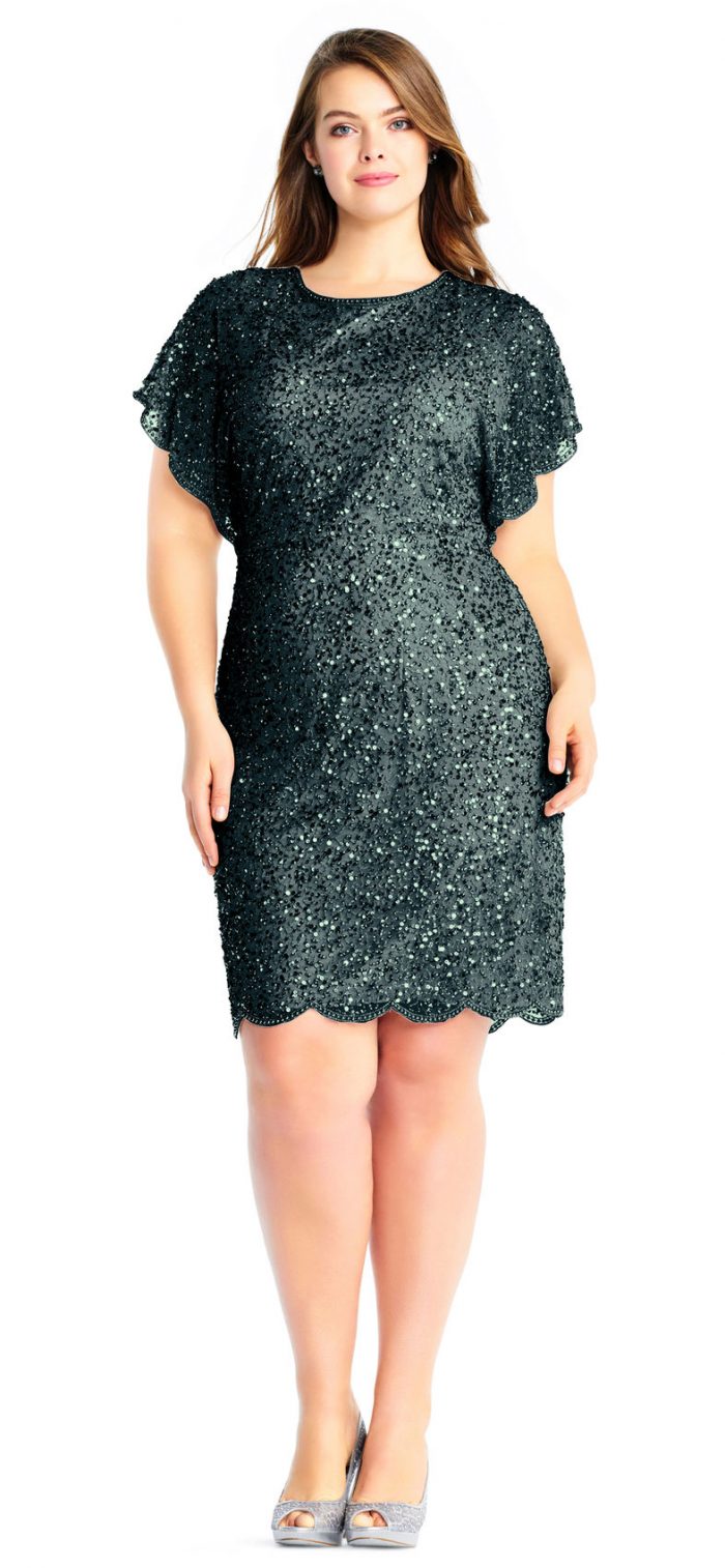 sequin beaded cocktail dress with flutter sleeves and scallop trim