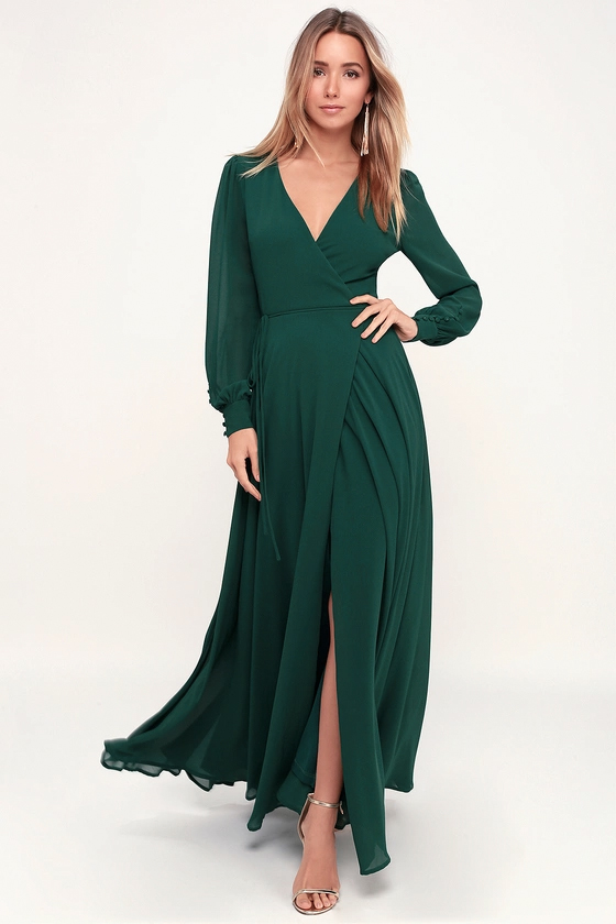 Green satin long sleeve wrap dress size catalogs online