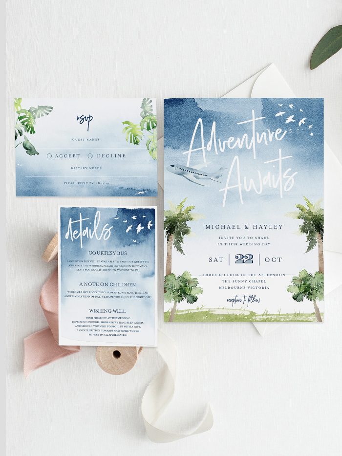 Tropical Wedding Invitation Sets ~ Beach Wedding Invitation Sets ~ Travel Wedding Invites ~ Camping Wedding Invites ~ Adventure Invitations