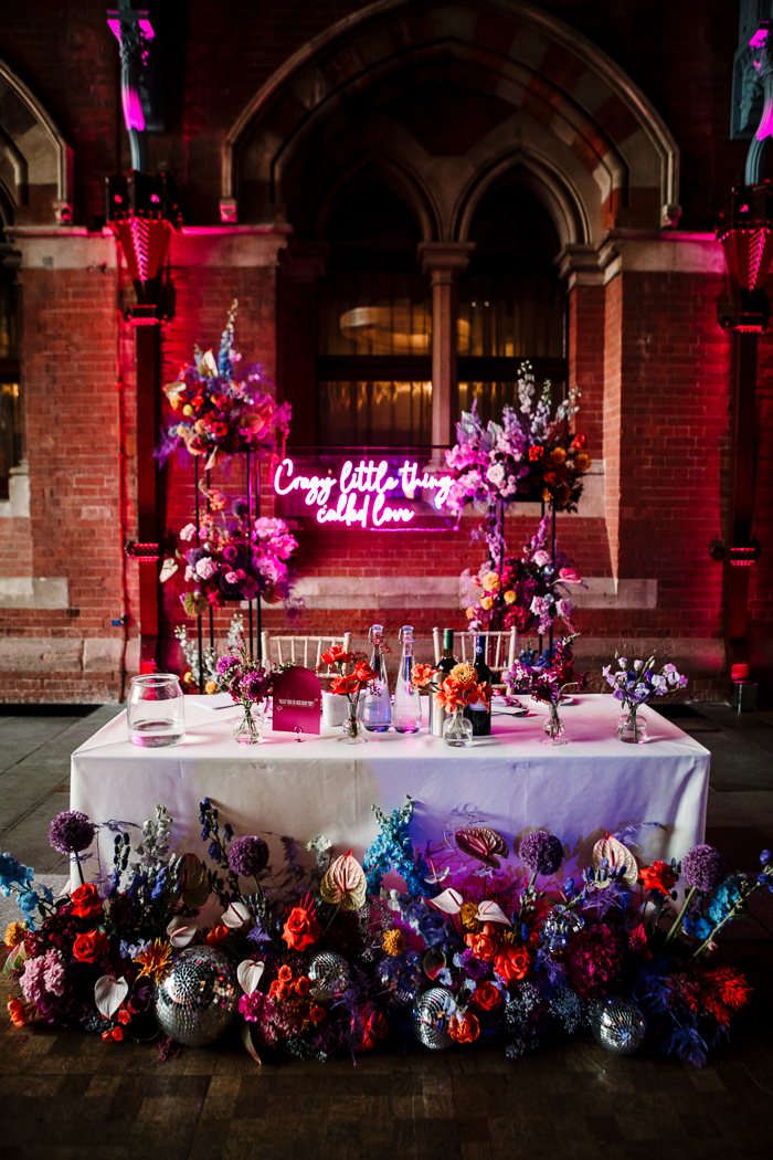 colorful disco ball sweetheart table