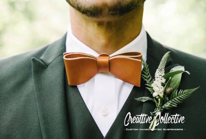 Leather Groom's Bow Tie | Handmade Men's Bow Tie with Embossing Green