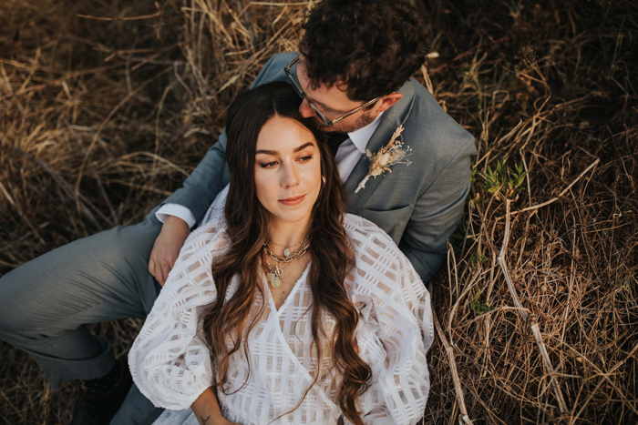 Couple enjoying hillside view, Chas de Egua, Portugal - Stock