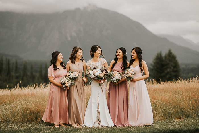 Wedding party with different bridesmaid outlet dresses