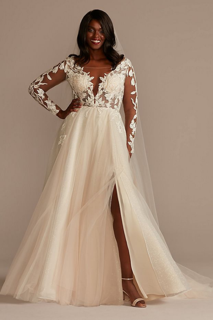 2019 Lace Plus Size Wedding Dresses Long Sleeve V-Neck Hollow Back Mermaid Bridal Dress Wedding Gowns 