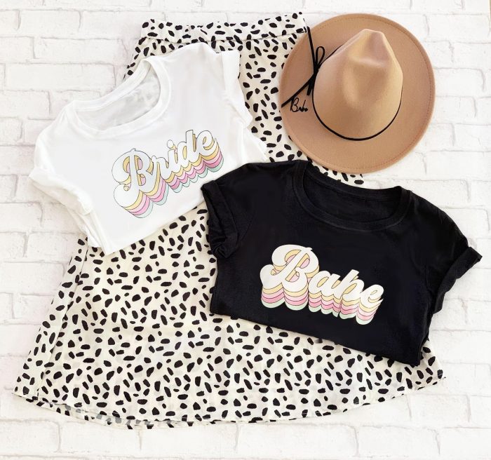 retro bachelorette party shirts and hat