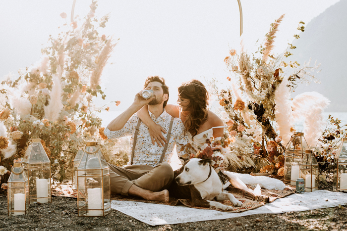 Golden Hour Lakeside Elopement Featuring A Pet And Brews *