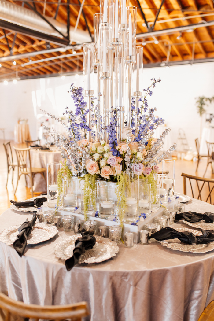 pastel tablescape with large floral arrangements