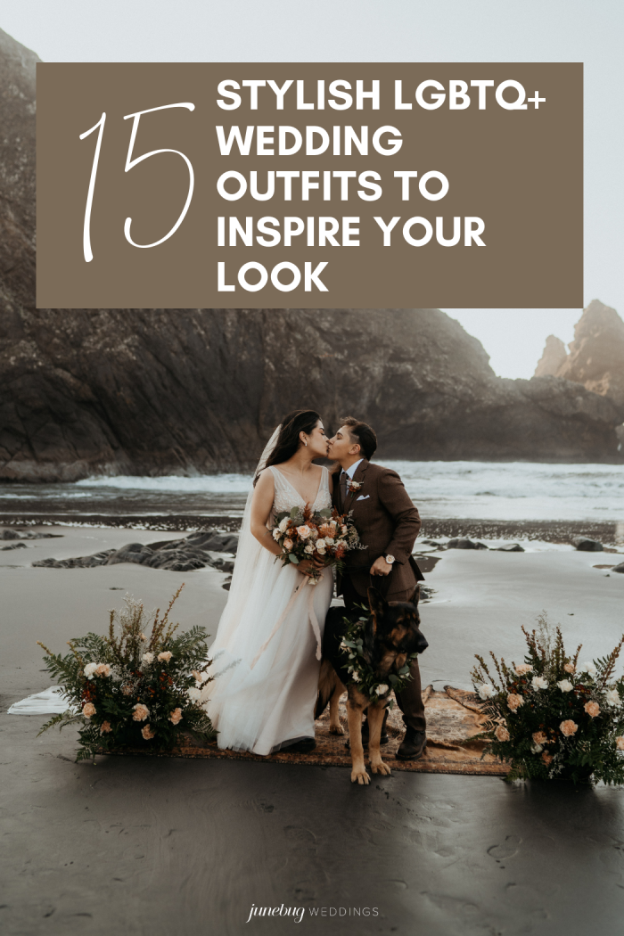 LGBTQ+ wedding outfits graphic with couple kissing on the beach and a dog