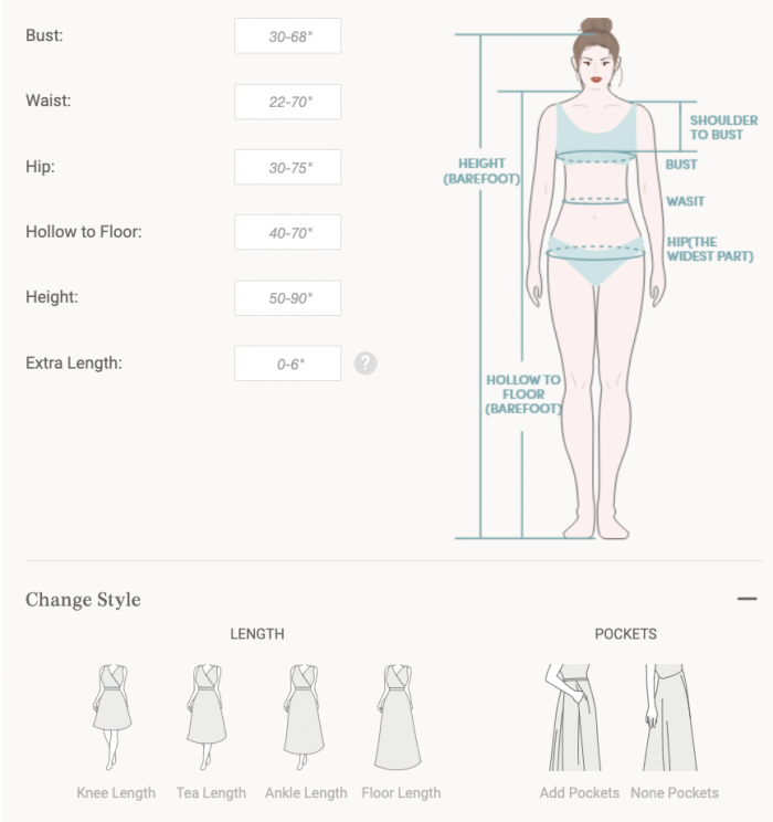 Customization Tailoring Chart for AW Bridal