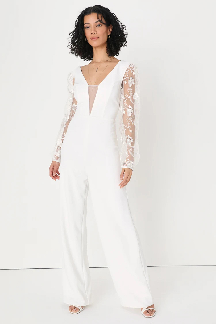 Write Your Own Romance White Embroidered Long Sleeve Jumpsuit