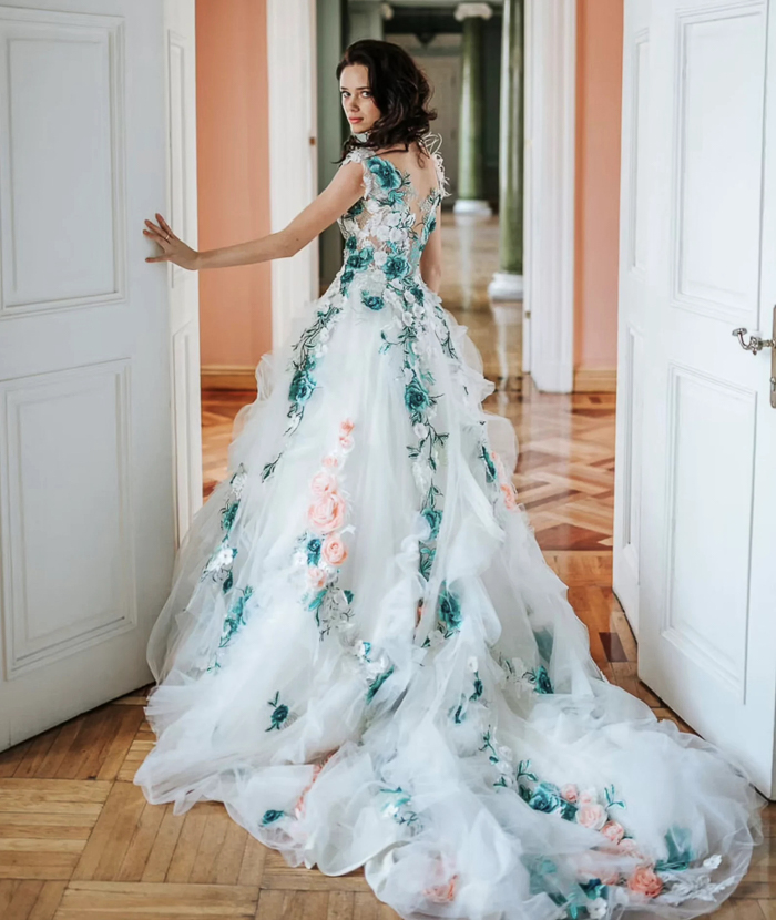 Black Floral A-line Wedding Dress With V-neckline And Spaghetti Straps |  Kleinfeld Bridal