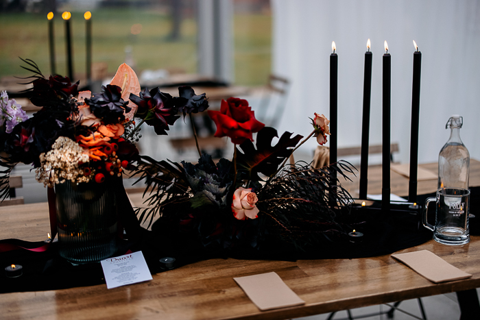 all black fall wedding centerpiece