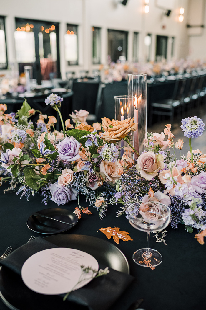 purple and orange fall wedding centerpiece