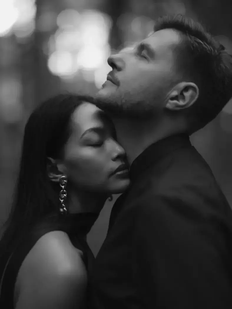 black and white poetic couple's portrait