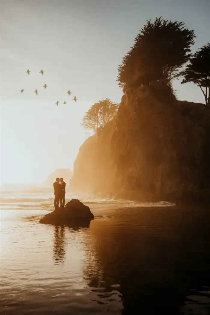 sunset photo same sex couple standing on beach with birds flying overhead