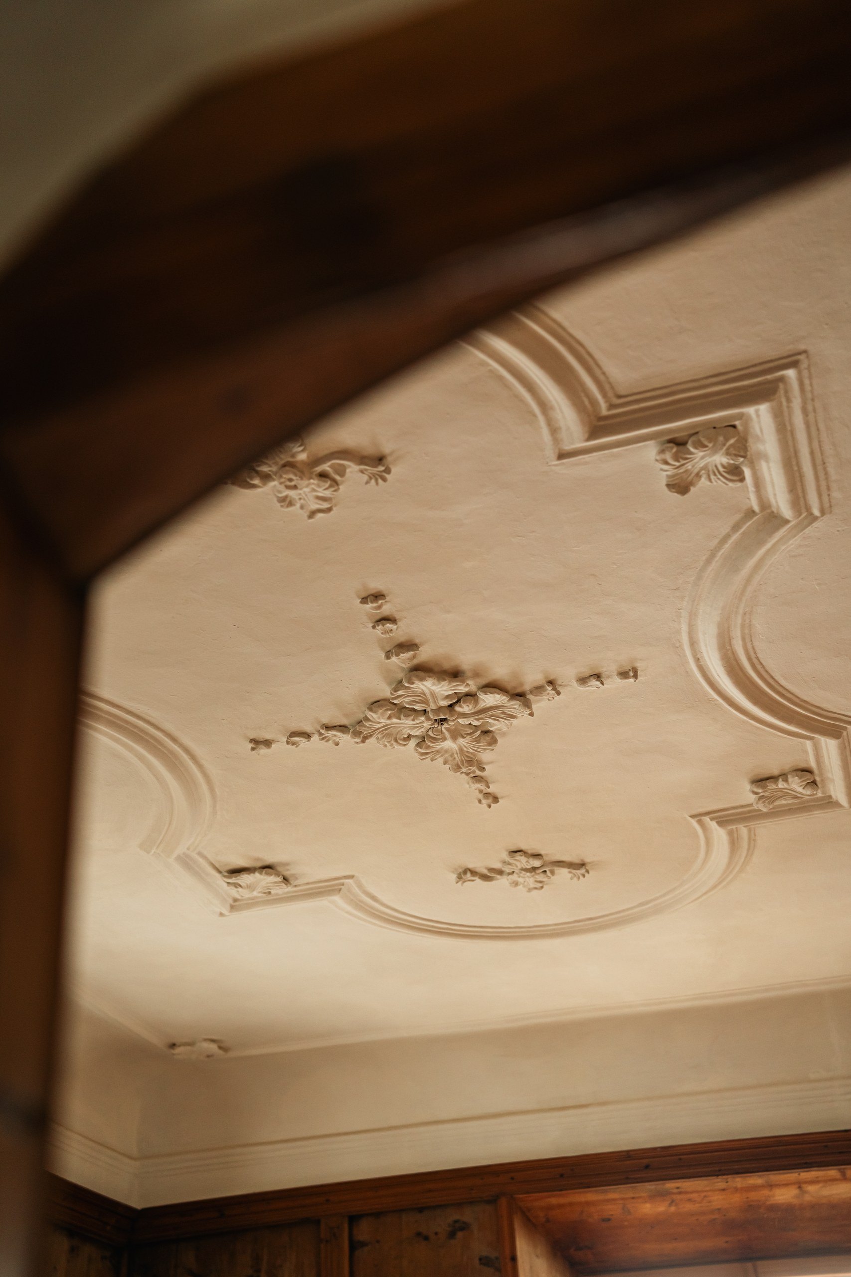 Ornate white stucco ceiling with floral plasterwork at Castel Badia, seen through a wooden archway above wood-paneled walls