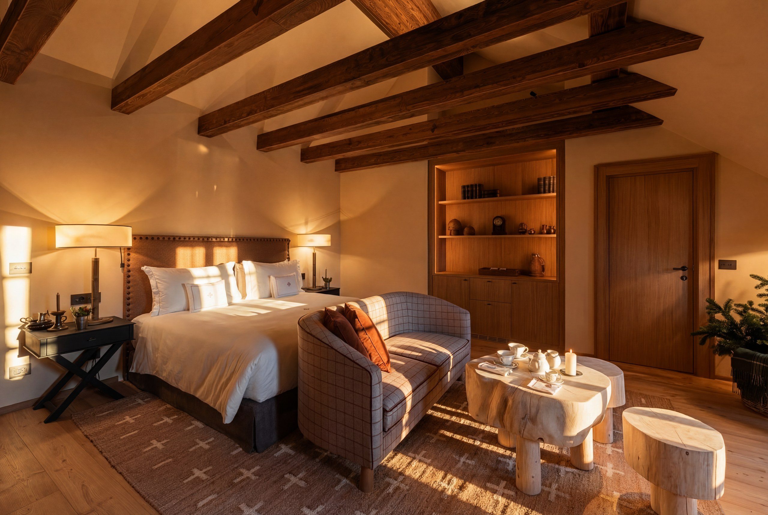 Suite at a Dolomites castle hotel with exposed wood beams, a king bed, and a plaid sofa in warm afternoon light