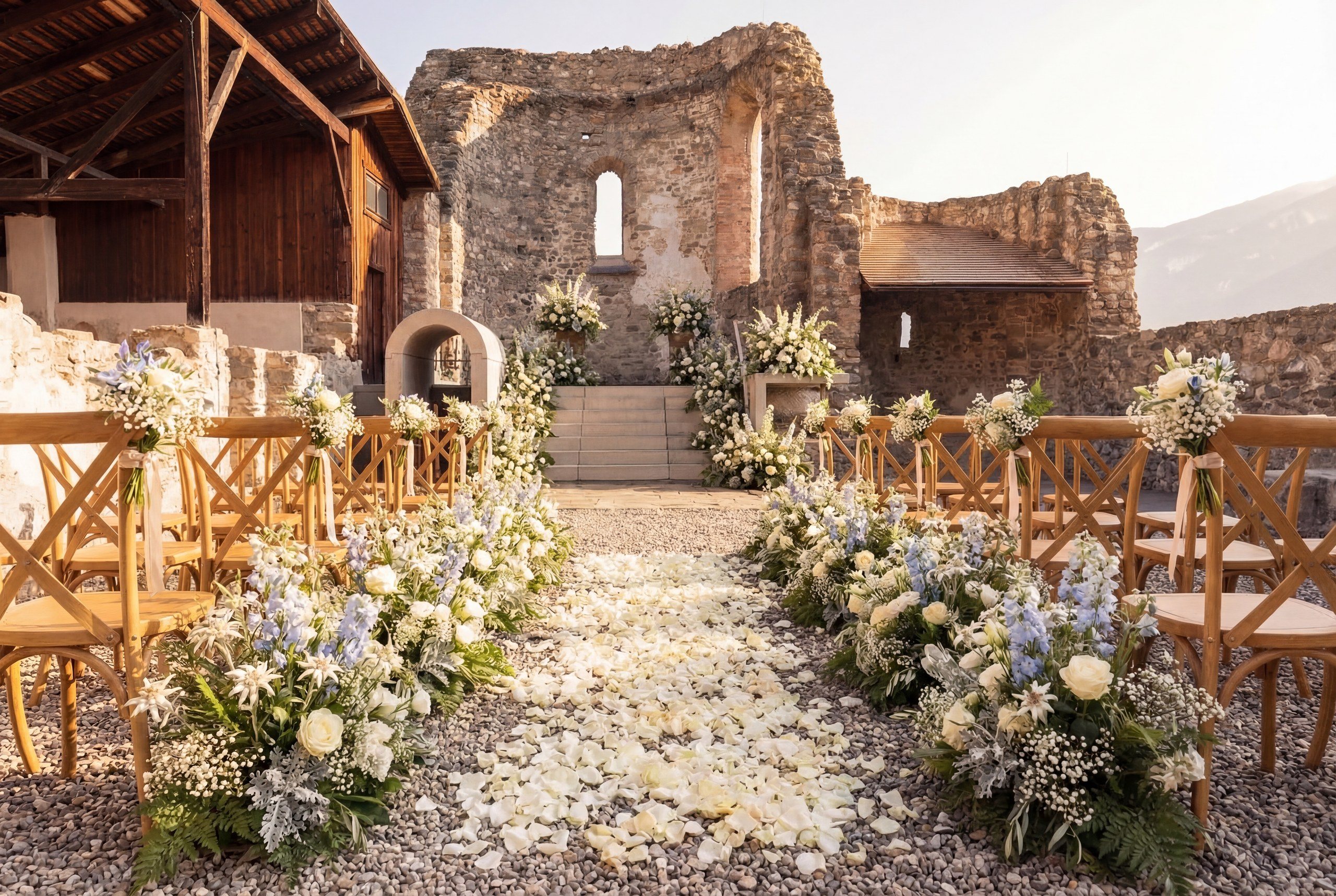Outdoor wedding ceremony setup among medieval castle ruins in the Dolomites, with a petal-lined aisle and white and blue flowers