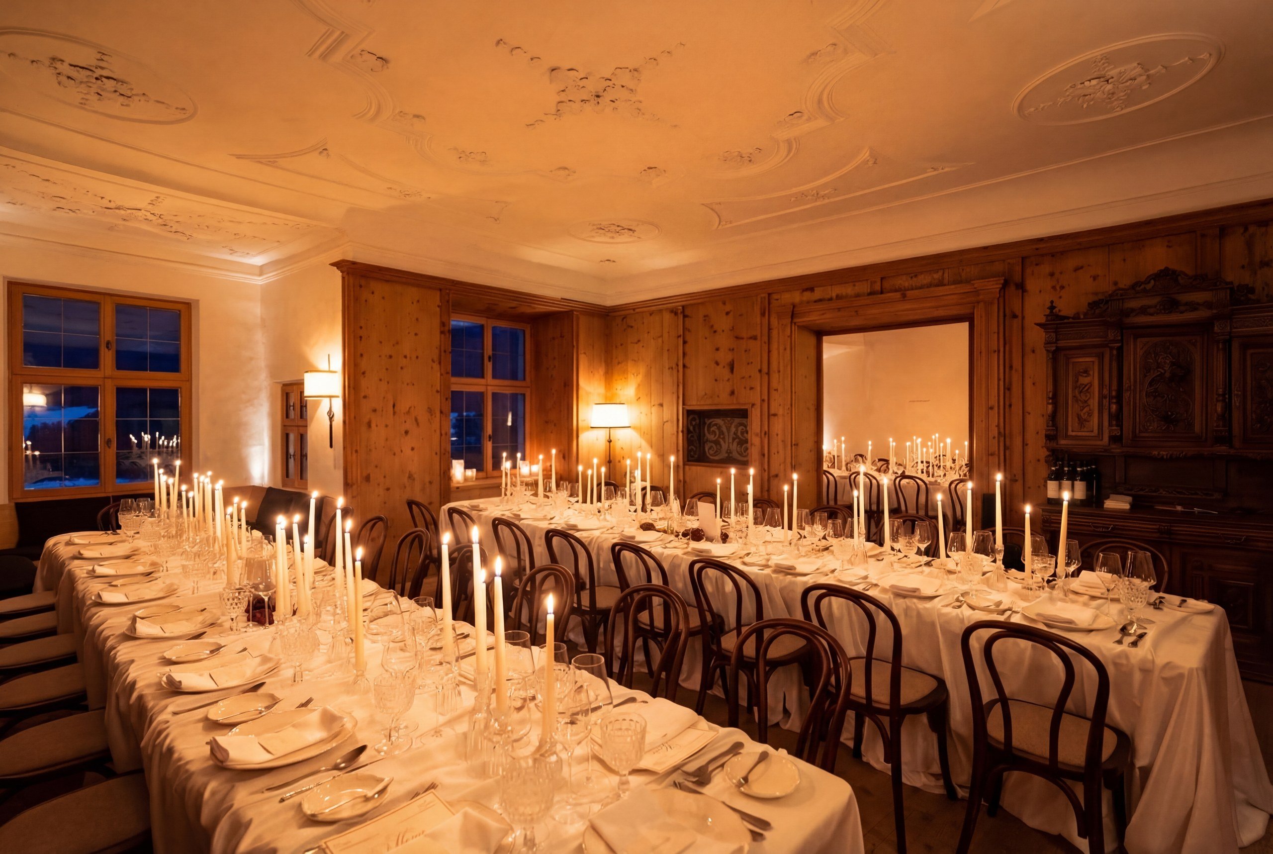 Dolomites wedding reception with two long tables lit by taper candles in a wood-paneled hall with a stucco ceiling